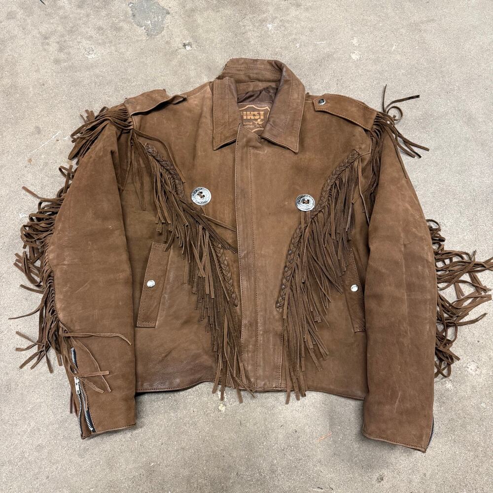 Vintage First Leather Western Fringe Tassel Cowboy Suede Jacket 46/Large Brown